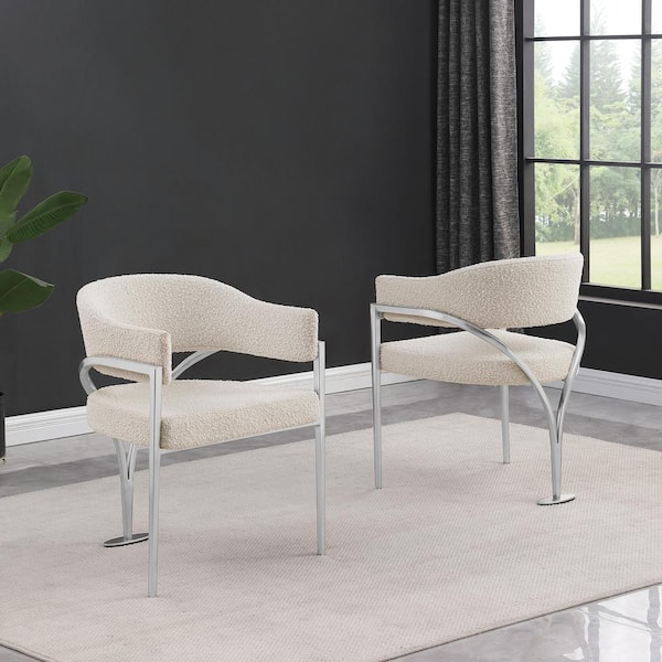 Best Quality Furniture Rory Cream Boucle Fabric Dining Chair Set of 2 with Chrome Base