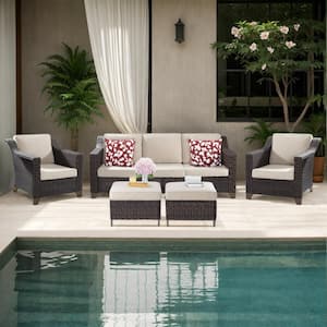 5-Piece Wicker Outdoor Patio Conversation Set Sectional Sofa and Ottomans with Beige Cushions