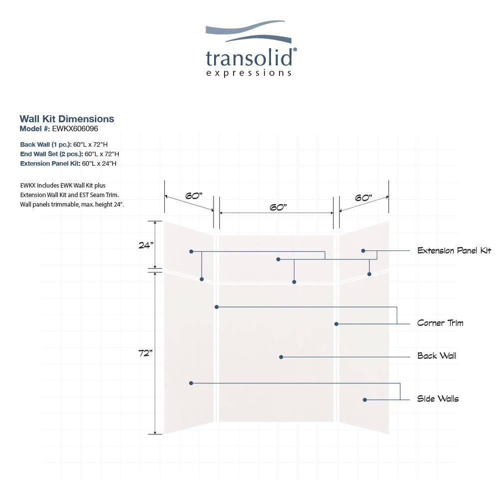 White Composite Solid Surface 60'' x 60'' x 96'' Shower Wall Kit