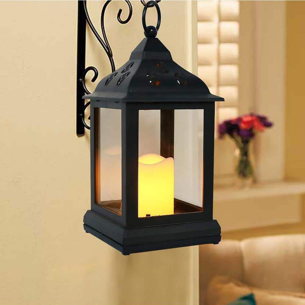9.5 in. x 4 in. Black Plastic Vintage Lantern with LED Candle (2