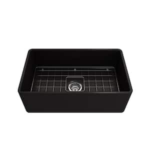 Classico Matte Black Fireclay 30 in. Single Bowl Farmhouse Apron Front Kitchen Sink withFaucet