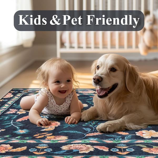 HaiiMeid Blossom Navy Blue 5 ft. x 7 ft. Floral Washable Area Rug