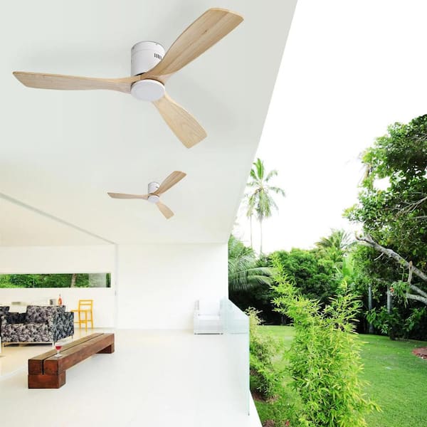 52 in. Indoor White Ceiling Fan Natural 3 Solid Wood Fan Blade Noiseless Reversible DC Motor Remote Control
