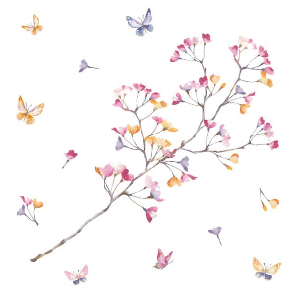 RoomMates White and Pink and Orange Pastel Flowers Branch Giant Wall Decals with 3D Embellishments