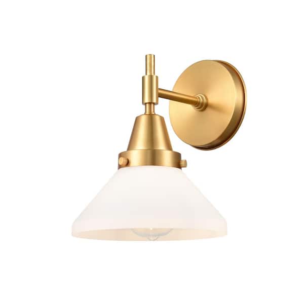 Caden 1-Light Satin Gold, Matte White Wall Sconce with White Glass Shade