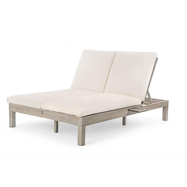 Gray Wood Outdoor Day Bed with Beige Cushions