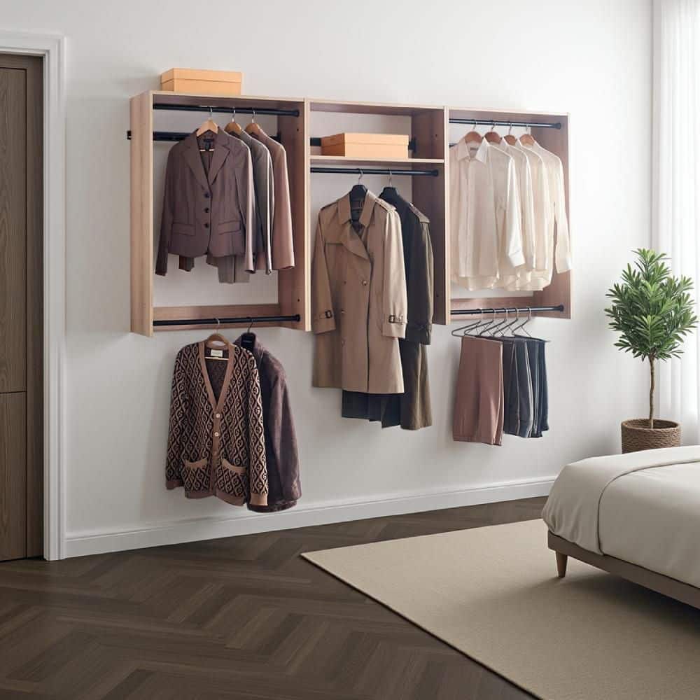 Benjara Vedz 94.49 in. W Oak Brown and Black Starter Kit Walk in 1