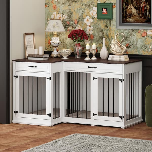 FUFU&GAGA Corner Dog Crate Furniture for 2 Dogs with Drawers