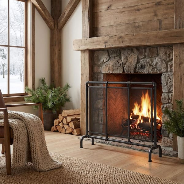 Clihome 1-Panel Industrial Iron Fireplace Screen 36 x 29.5 in
