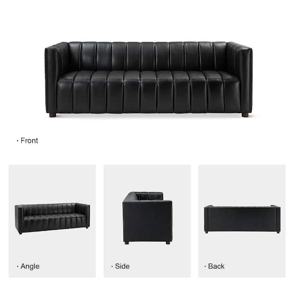 Pachynus 83 in.Wide Square Arm Genuine Leather Rectangle Contemporary  Channel-tufted Sofa in Black