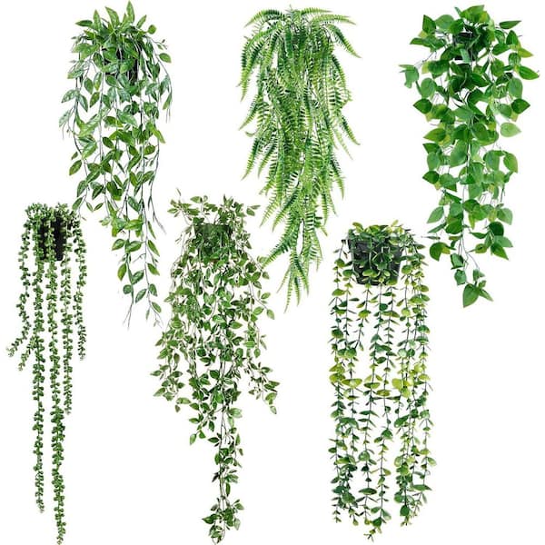 Unbranded 24 in. Green Fake Plant Hanging Plants with Pots, Artificial Ivy Vine Faux Eucalyptus Hanging Plant(6-Pack)
