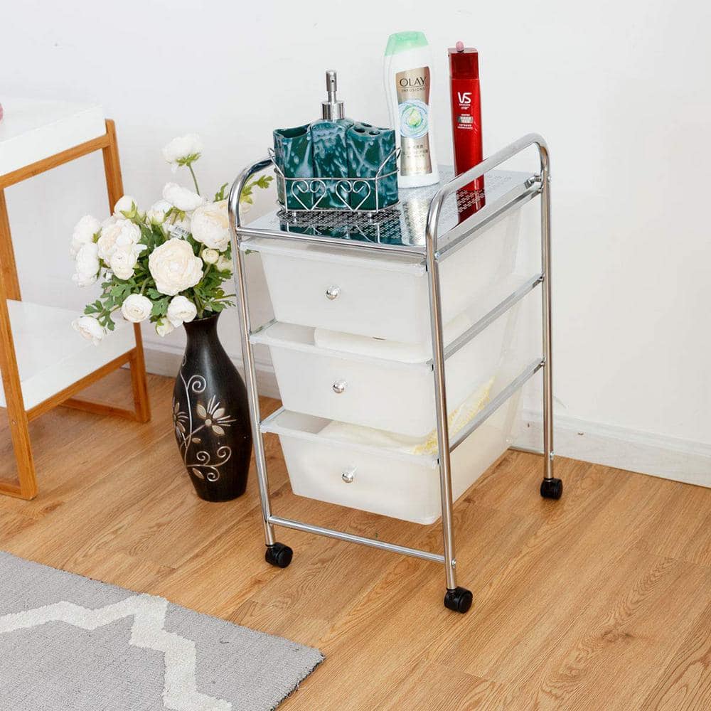 White 3-Drawer Rolling Storage Cart with Chrome Frame