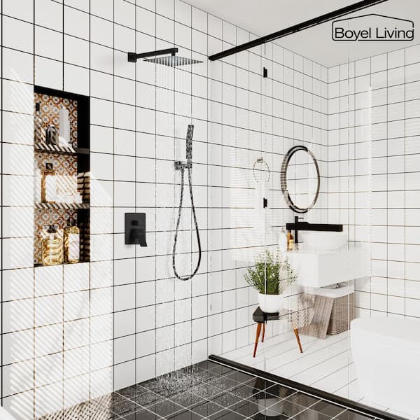 1-Spray Patterns with 2.5 GPM 10 in. Square Wall Mount Dual Shower Heads with Pressure Balance Valve in Matte Black