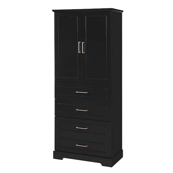 30 in. W x 15.67 in. D x 72.2 in. H Black MDF Freestanding Linen Cabinet with 3 Drawers, Adjustable Shelf