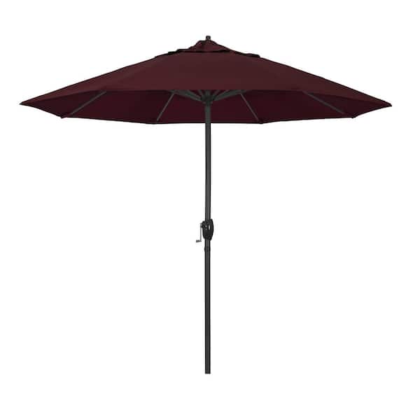 California Umbrella 9 ft. Black Aluminum Market Patio Umbrella Auto Tilt in Burgundy Pacifica