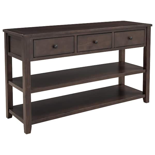 LUCKY ONE Classic Entryway Tables 50 in. Rectangle Espresso Wood Console Table with 3 Drawers and 3-Open Shelf