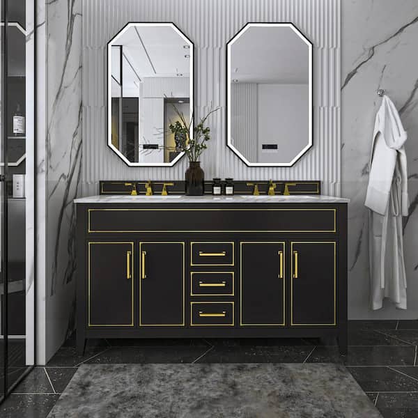 Ancerre Designs Aspen 60 in. W x 22 in. D Black Onyx Bath Vanity with Top in Carrara Marble with White Basin