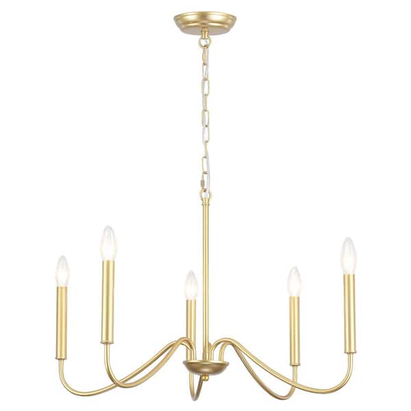 ADSENSTY 5-Light Gold Farmhouse Candlestick Chandelier Minimalist Kitchen Island Hanging Pendant Light