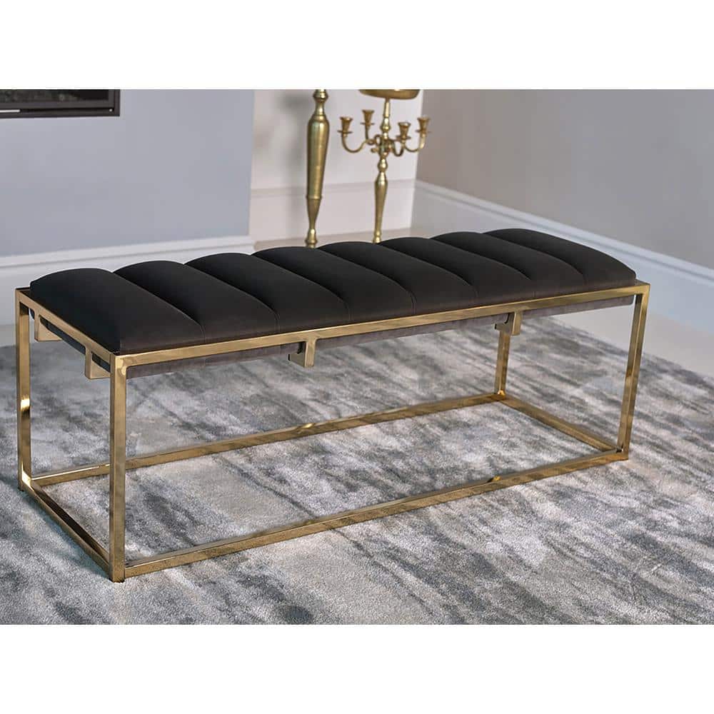 Elegant 48" Dark Grey Velvet and Gold Metal Bench