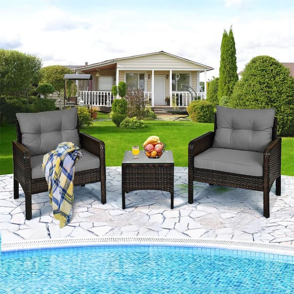 3 Piece Patio PE Wicker Furniture Set with Cushions and Tempered Glass Coffee Table Gray