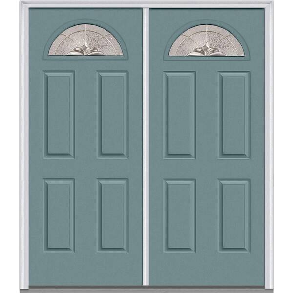 MMI Door 64 in. x 80 in. Heirloom Master Left-Hand Inswing Fan Lite Decorative Glass 4-Panel Painted Steel Prehung Front Door