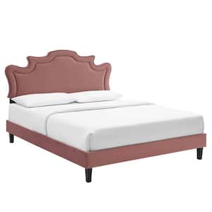 Neena Red Performance Velvet Frame Twin Platform Bed with Tapered Black Wood Legs