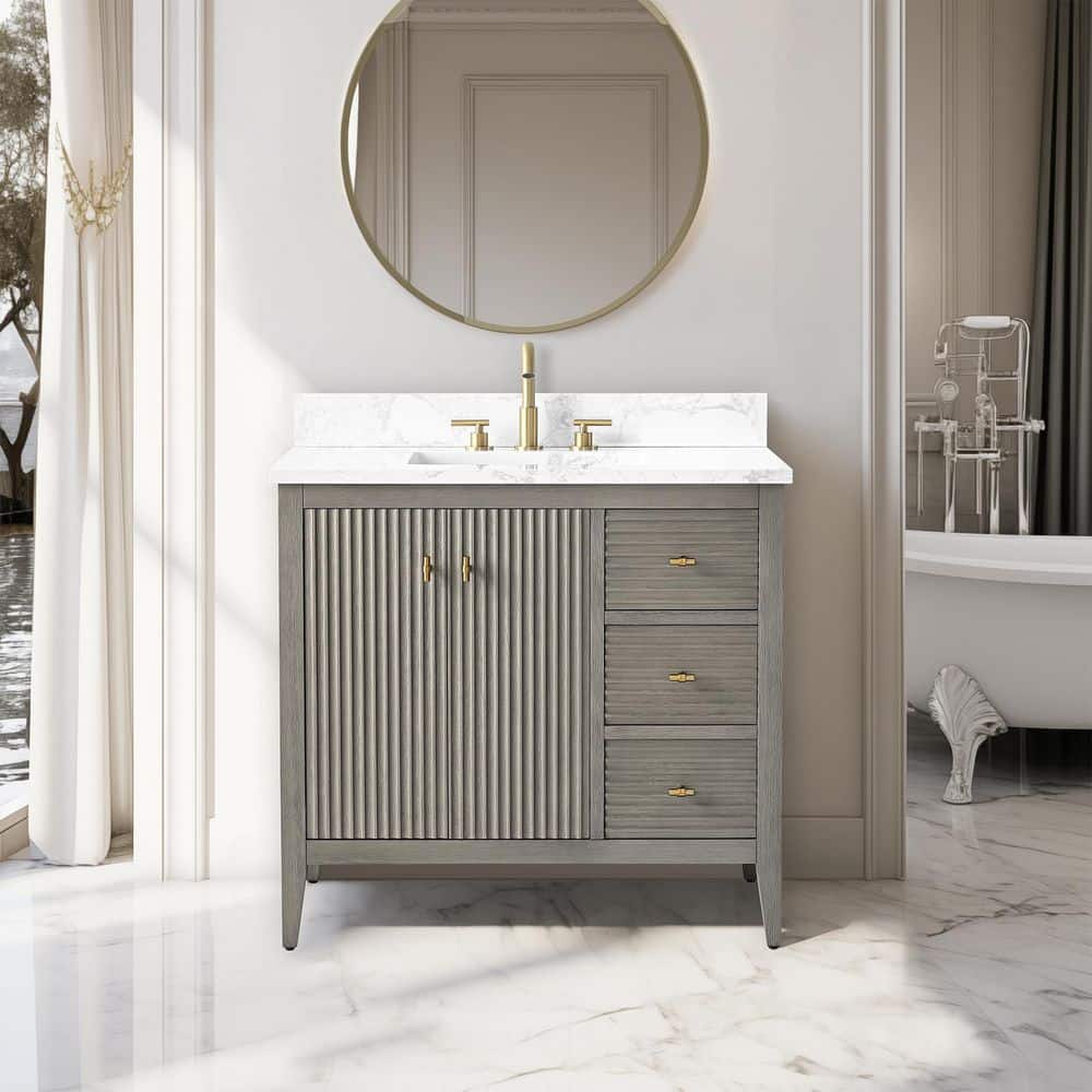 36 in. W x 22 in D x 38 in. H Single Sink Linear Driftwood Gray Bath Vanity Cabinet with White Engineered Marble Top price history on PriceWatchPro
