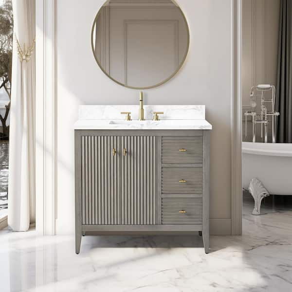 36 in. W x 22 in D x 38 in. H Single Sink Linear Driftwood Gray Bath Vanity Cabinet with White Engineered Marble Top