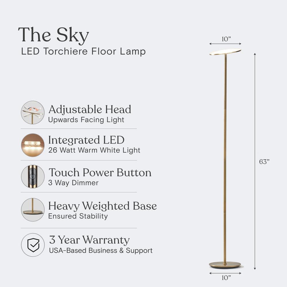 Brass Adjustable LED Torchiere Floor Lamp with 3-Way Switch