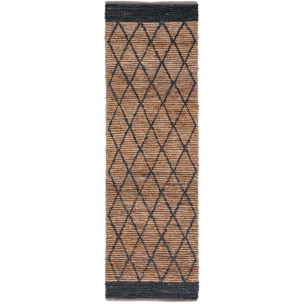 Natural and Black Hand-Knotted Jute Geometric Runner Rug