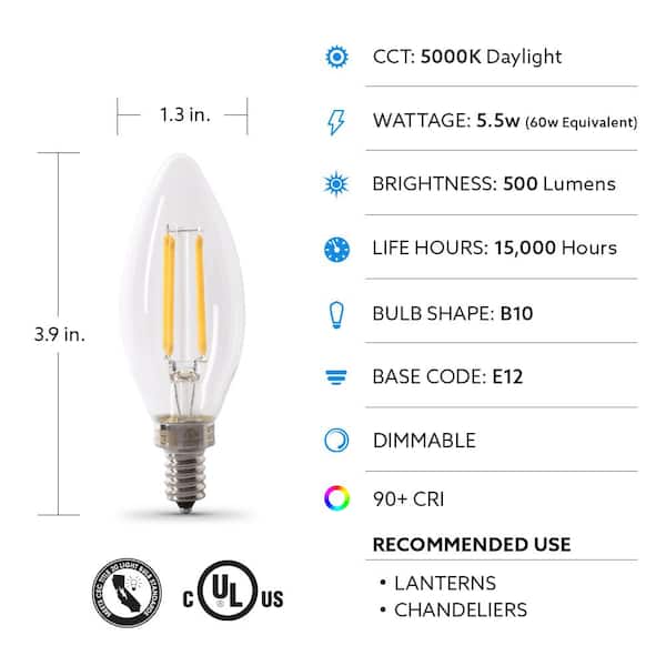 Feit Electric 60 Watt Equivalent B10, Chandelier Led Light Bulbs Dimmable