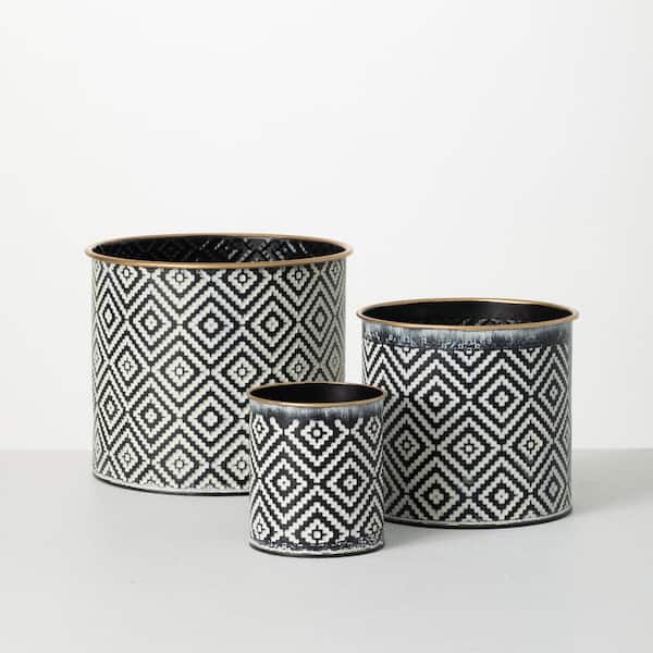 SULLIVANS 8.5", 6.5", and 4" Black and White Geometric Pattern Metal Planter (Set of 3)