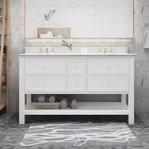 61 in. W x 22 in. D x 40 in. H Double Sink Freestanding Bath Vanity in White with White Marble Top and Backsplash