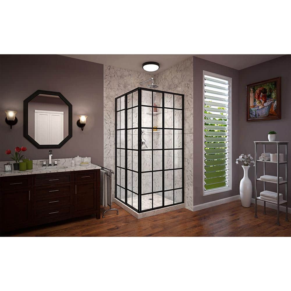 French Corner 34.5" Black Framed Sliding Shower Enclosure
