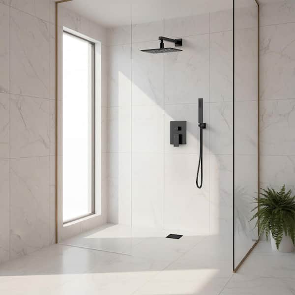 Pressure Balance Single Handle 2-Spray Wall Mount 10 in. Tub and Shower Faucet 2.5 GPM in. Matte Black Valve Included