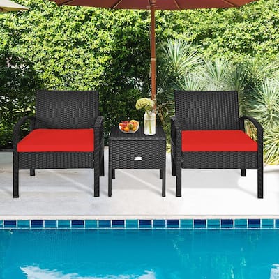 3-Pieces Wicker Patio Conversation Furniture Set with Storage Table Red Cushion