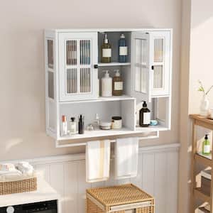 Danyale White Wood 32.48 in. H Storage Wall Cabinet with 3 Glass Doors, Open and Hidden Storage Space