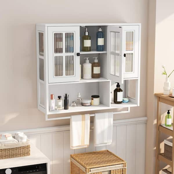 Danyale White Wood 32.48 in. H Storage Wall Cabinet with 3 Glass Doors, Open and Hidden Storage Space