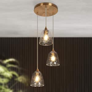 Modern Coastal Plating Brass Cluster Chandelier with Clear Ripple Glass Shades 3-Light Dining Living Room Pendant Light