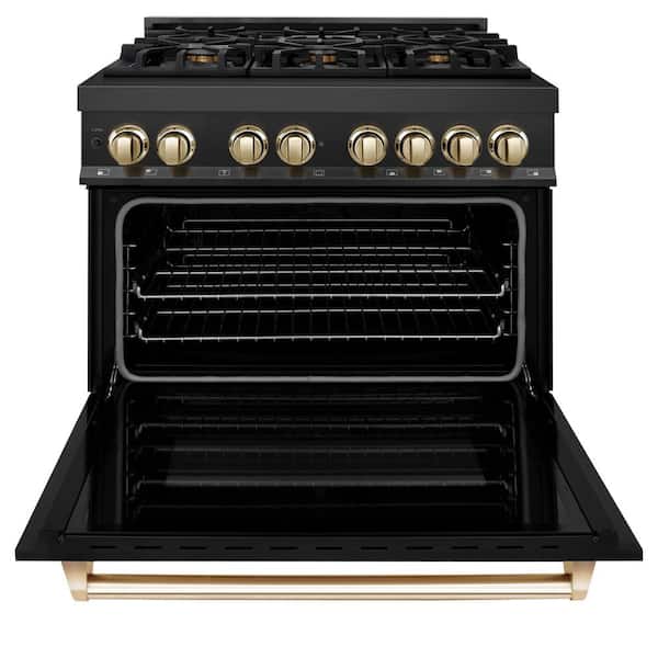 Autograph Edition 36 in. 6 Burner Dual Fuel Range in Black Stainless Steel and Polished Gold