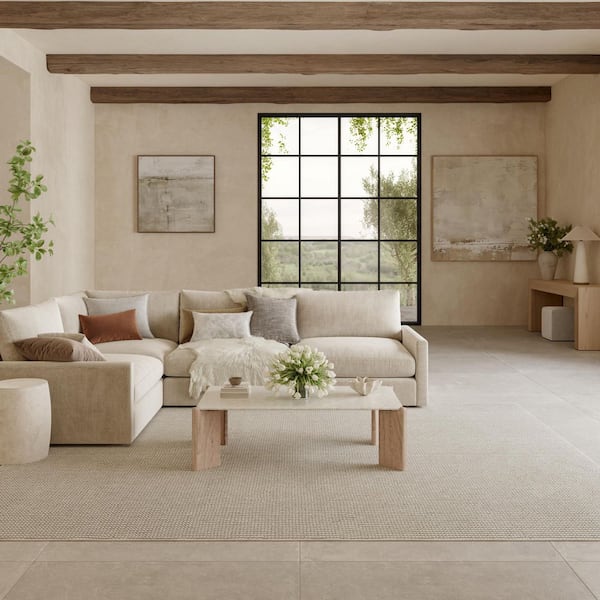 Textured Home Ivory Mocha 8 ft. x 10 ft. Solid Geometric Contemporary Area Rug