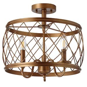 Eleanor 15 in. 3-Light Antiqued Gold Metal LED Semi Flush Mount Ceiling Light