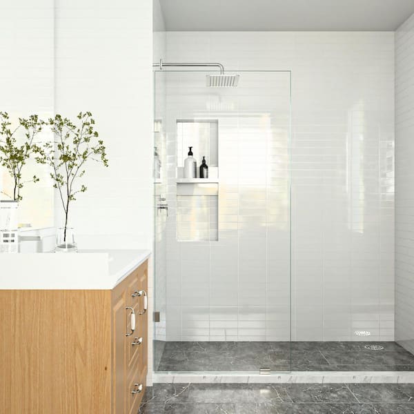 SHAAMA Linea 36 in. W x 78 in. H Frameless Fixed Single Panel Shower Screen Door in Brushed Nickel with 3/8 in. Clear Glass