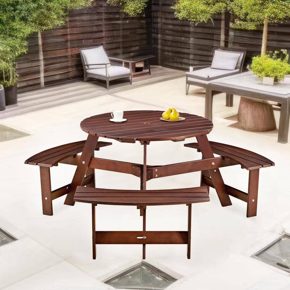 35.5 in. Brown Round Wood Outdoor Picnic Table Seats 6 Person with 3 Built in Benches Umbrella Hole for Garden Patio yu 8 The Home Depot