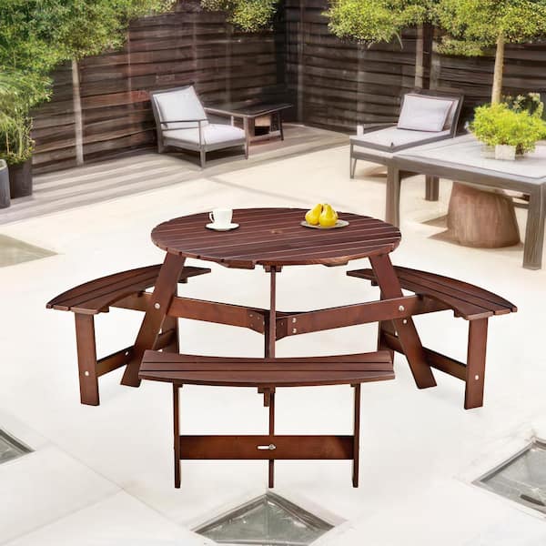 Unbranded 35.5 in. Brown Round Wood Outdoor Picnic Table Seats 6-Person with 3 Built-in Benches, Umbrella Hole for Garden, Patio