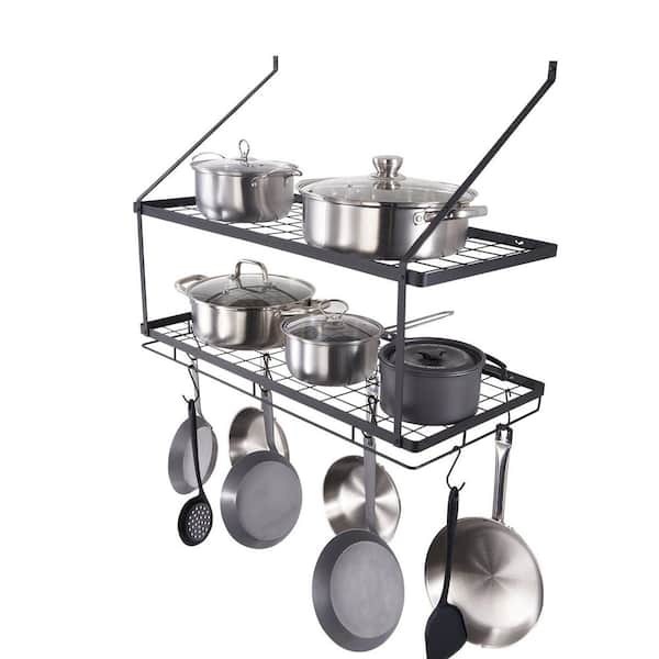 Numhew 30 in. Black Wall Mounted Pot Rack with 12 S Hooks, 2-Tier Pot and Pan Hanging Rack