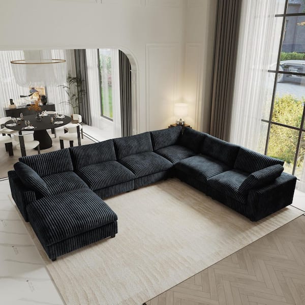 Magic Home Modern Convertible 157 in. Square Arm Velvet Solid Wood Modular Sofa Cloud Couch with Ottoman, Washable Covers in. Black