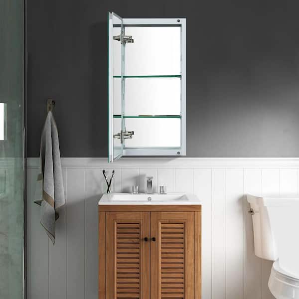 15 in. W x 24 in. H Satin Aluminum Recessed/Surface Mount Bathroom Medicine Cabinet with Mirror, 2 Glass shelves