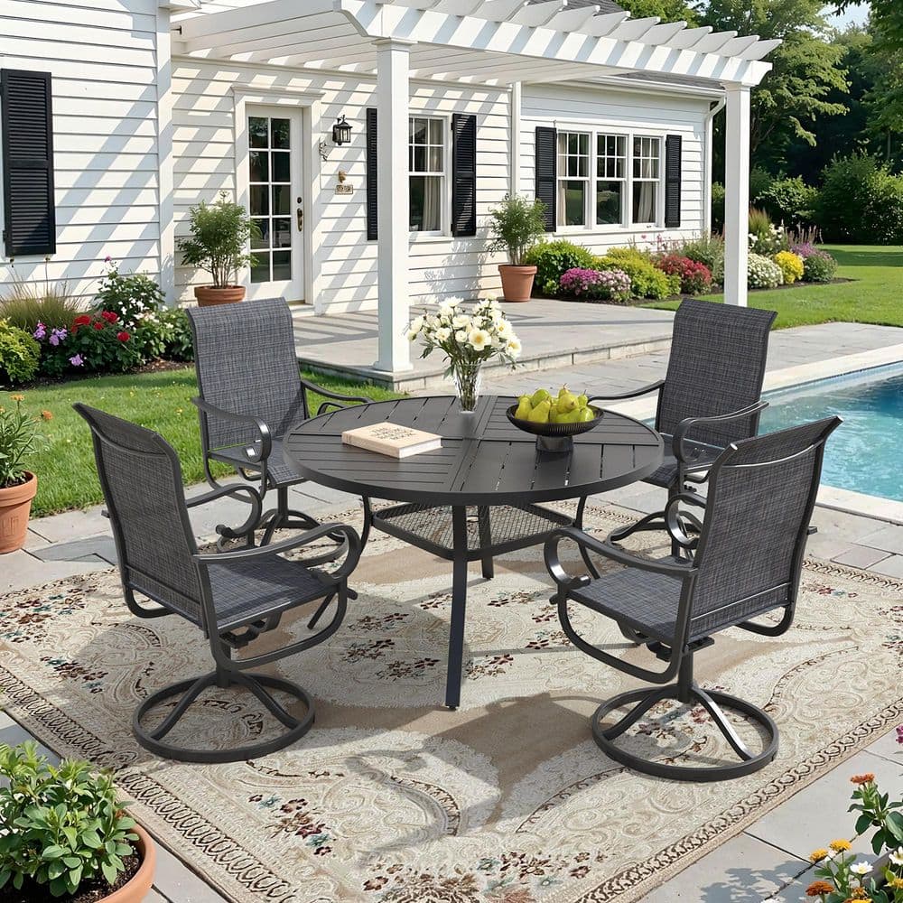 5-Piece Metal Outdoor Dining Set with 40.6 in. Black Round Table and 4 Dark Gray Patio Textilene Swivel Rocking Chairs price history on PriceWatchPro