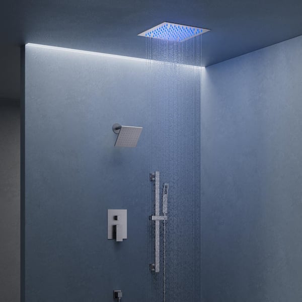 EVERSTEIN 3-Spray Square 12 in. Rain LED Shower System with 6 in. Shower Head Handheld shower in Brushed Nickel 2.5 GPM